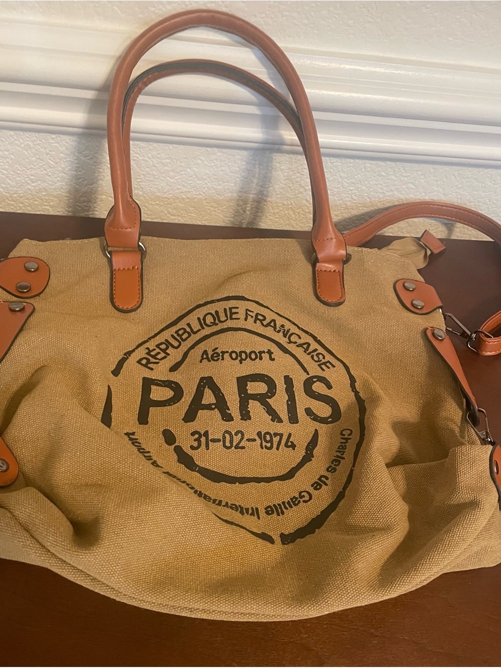 Paris Aeroport Canvas Tote Bag Tan Brown Faux Leather Travel Wanderlust
